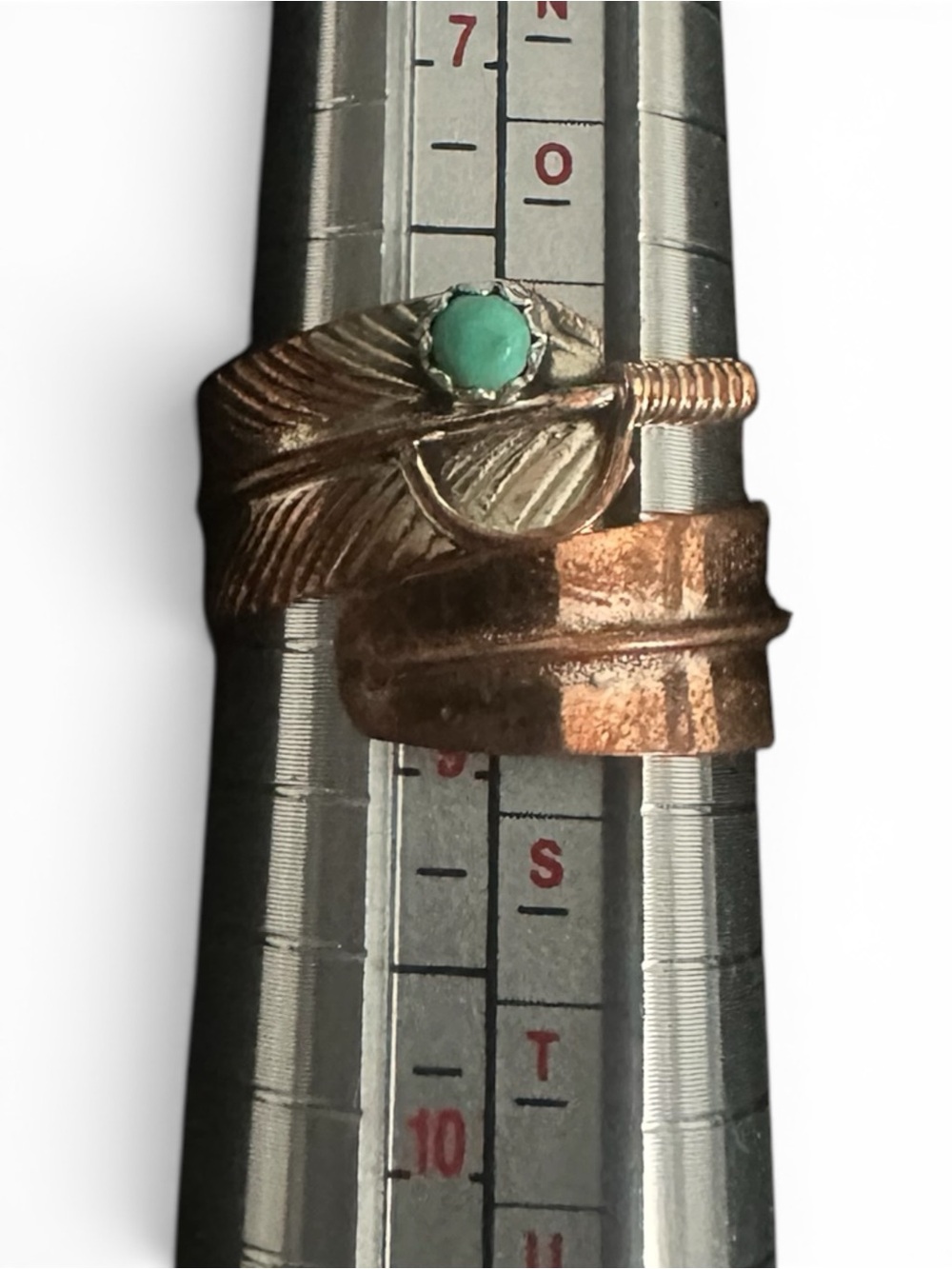 Vintage Copper Feather Ring with Turquoise Stone Size 8-9